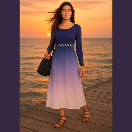 Dance Dress Tanzanite Navy Blue Purple Ombre Formal Casual Elegant Fall Winter Midi Modest Long Sleeve White Vine Detail Women's Plus Option