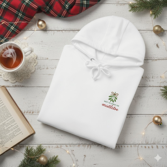Embroidered Mistletoe Hoodie | Christmas Pullover | Minimalist Holiday Romance Gift | Vintage Crewneck Jumper