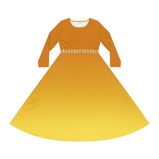 Dance Dress Topaz Ombre Long Sleeve Fall Winter Midi Formal or Casual White Vine Detail Modest Elegant