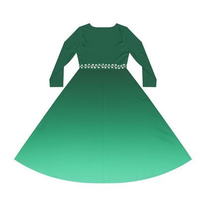 Ombre Midi Dress with White Vine Waist Emerald Long Sleeve Gradient Illusion Dress Elegant Fall Winter Dress Modest Formal or Casual Comfort
