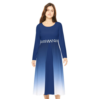 Ombre Midi Dress White Vine Waist Sapphire Long Sleeve Gradient Illusion Modest Dress Elegant Fall Winter Dress Formal or Casual Comfort