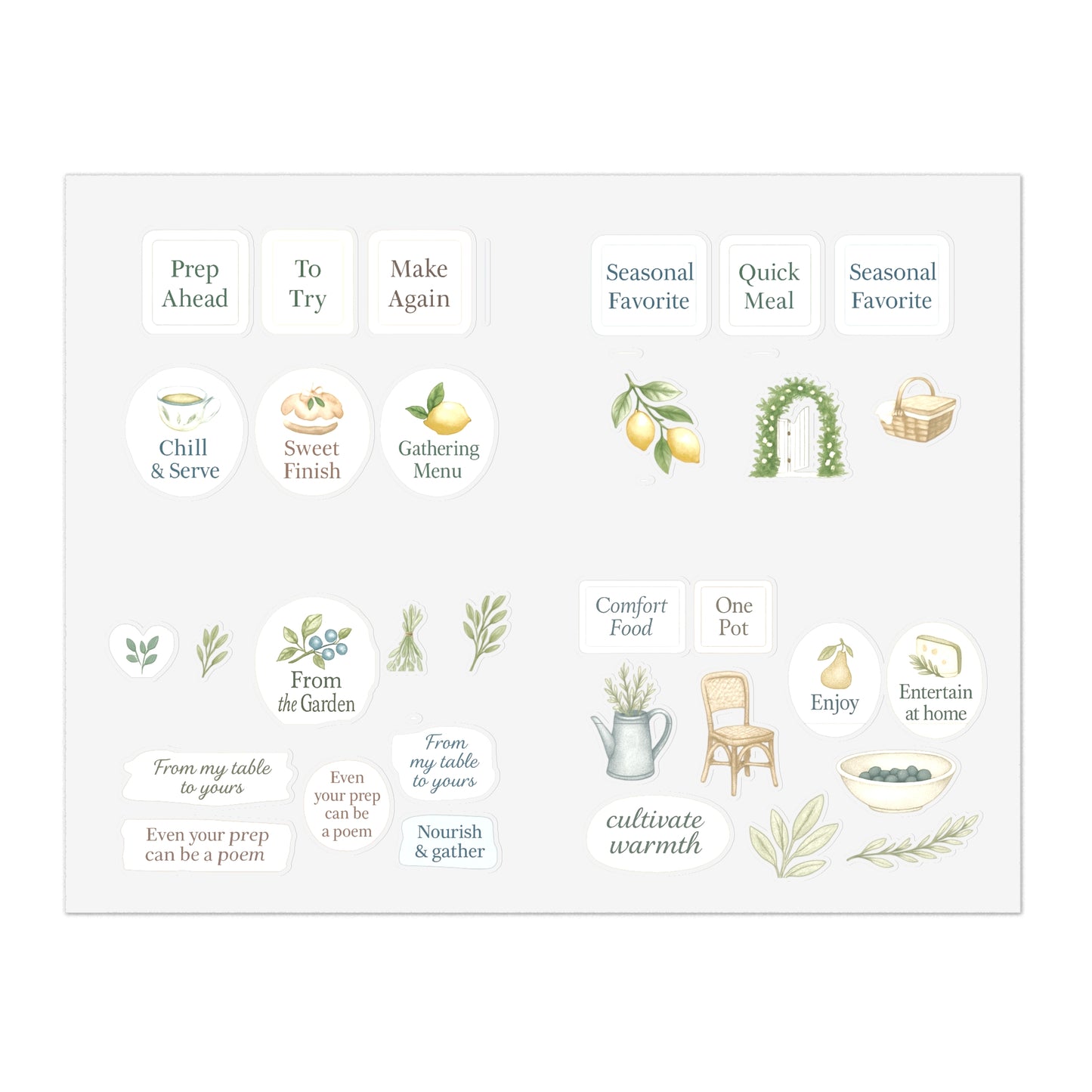 Whimsical Sticker Sheets for Journaling, Scrapbooking, Gift Wrapping, Cute Accessories, Home Decor - Pair with The Garden Table Recipe Book