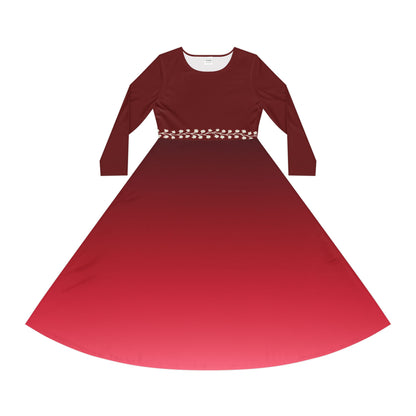 Dance Dress, Ruby Ombre Modest Long Sleeve Dance Dress, Fall Winter Formal White Vine Illusion Waist Design, Gemstone Collection