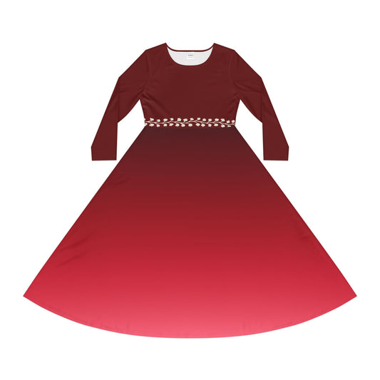 Dance Dress, Ruby Ombre Modest Long Sleeve Dance Dress, Fall Winter Formal White Vine Illusion Waist Design, Gemstone Collection