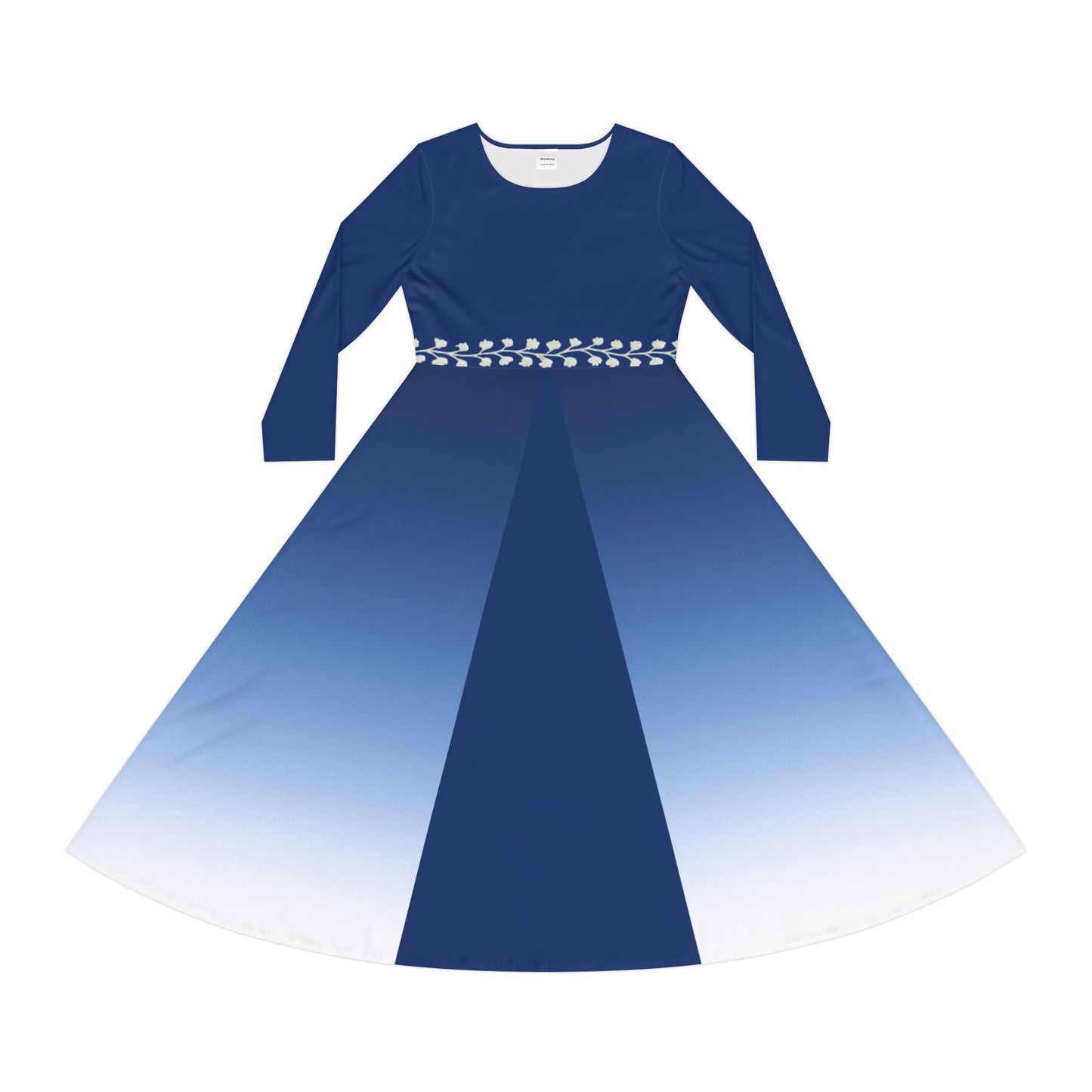 Ombre Midi Dress White Vine Waist Sapphire Long Sleeve Gradient Illusion Modest Dress Elegant Fall Winter Dress Formal or Casual Comfort