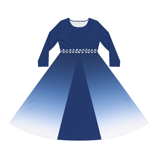 Ombre Midi Dress White Vine Waist Sapphire Long Sleeve Gradient Illusion Modest Dress Elegant Fall Winter Dress Formal or Casual Comfort