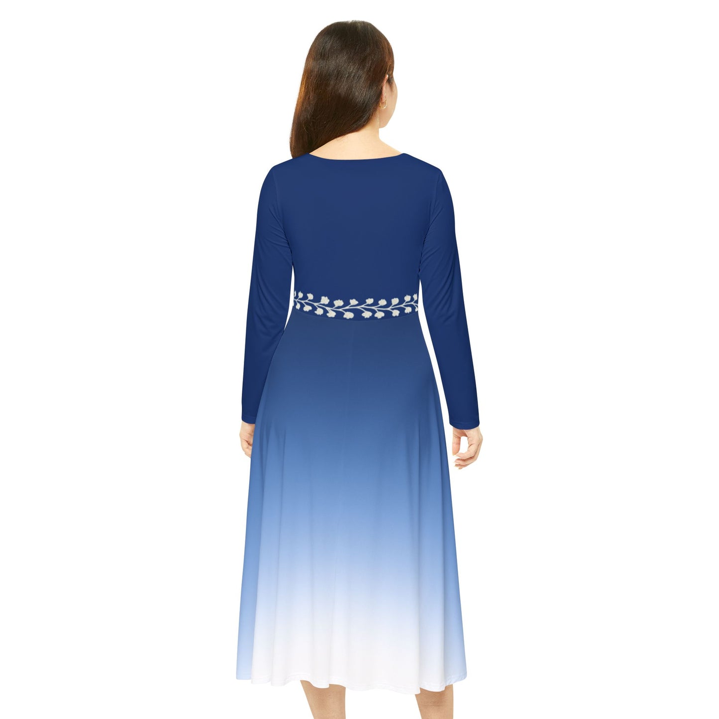 Ombre Midi Dress White Vine Waist Sapphire Long Sleeve Gradient Illusion Modest Dress Elegant Fall Winter Dress Formal or Casual Comfort