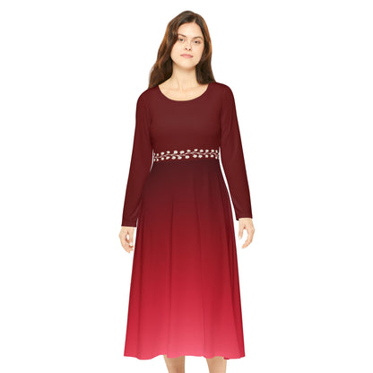 Dance Dress, Ruby Ombre Modest Long Sleeve Dance Dress, Fall Winter Formal White Vine Illusion Waist Design, Gemstone Collection