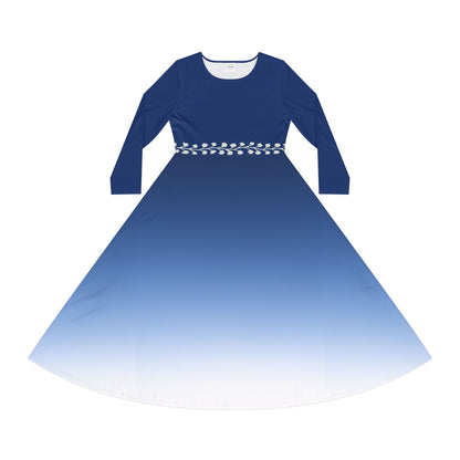 Gemstone Collection Dance Dress: Sapphire Ombre Women's Long Sleeve Elegant Modest Fall Winter Dress Vine Illusion Waistband Design Formal Evening or Casual