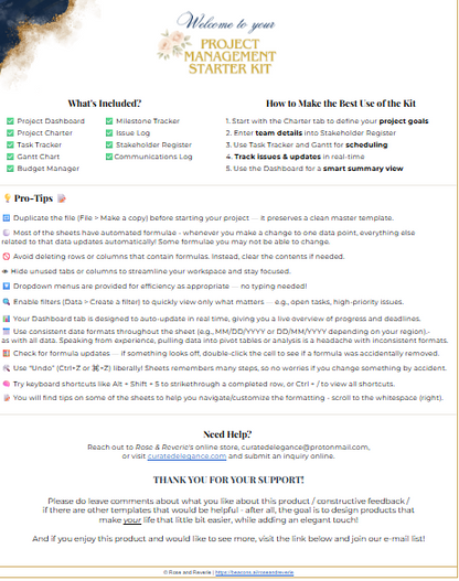 Project Management Starter Kit for Small Businesses and Solopreneurs - Templates, Gantt Chart, Google Sheets, Elegant and Professional
