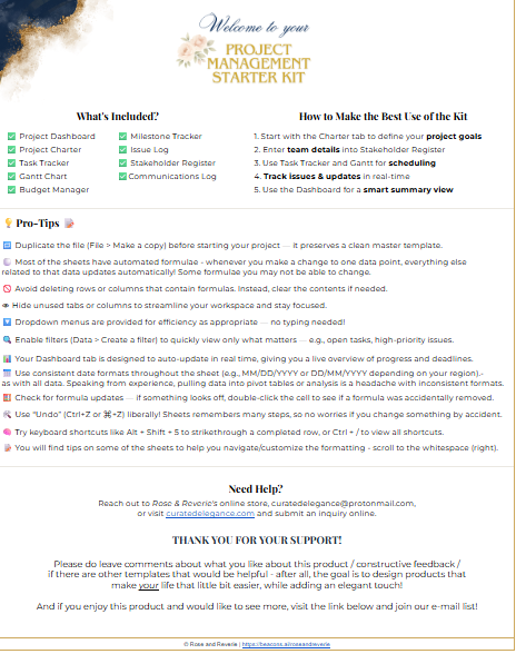 Project Management Starter Kit for Small Businesses and Solopreneurs - Templates, Gantt Chart, Google Sheets, Elegant and Professional